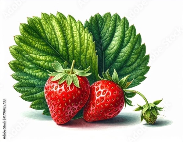 Fototapeta Fresh whole strawberries in bright red with green leaves, isolated on white background, side-view set, sharp full-depth focus