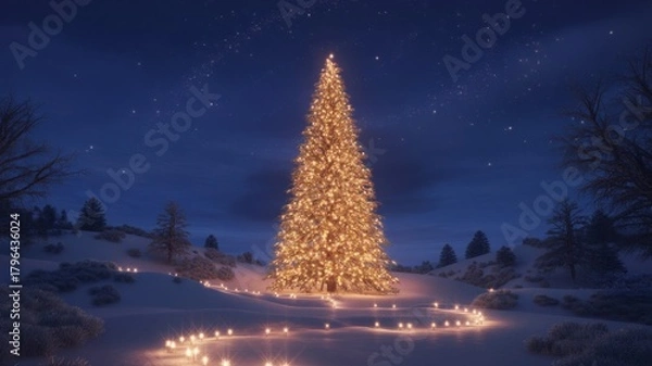 Obraz Noel's Serenade: A radiant Christmas tree glows brightly beneath a starlit night, casting a magical illumination over a snow-covered landscape. Embracing the spirit of winter's joy.