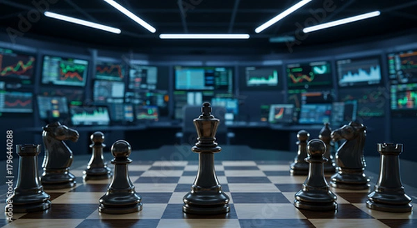 Fototapeta A chessboard sits on a glossy desk; a wall of monitors glows, casting cool light and long shadows..