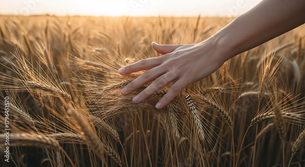 Obraz Minimalist Fine Art Hand Touching Wheat Field at Soft Sunset with Textured Motion Focus