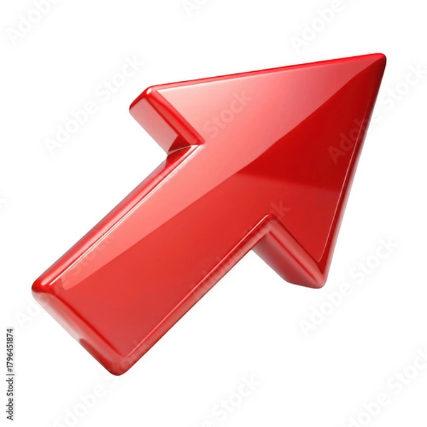 Obraz Glossy red arrow icon pointing up and right indicating direction and movement transparent background