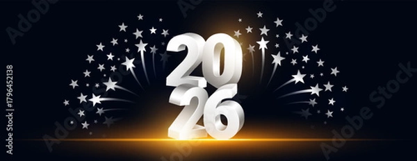 Fototapeta 3d style silver 2026 lettering new year banner sparkling star