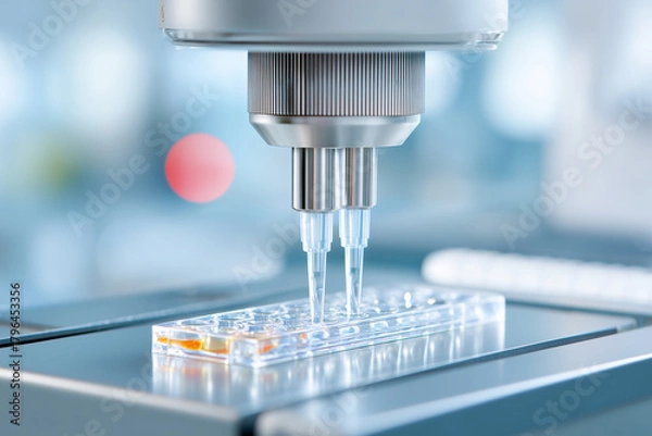 Fototapeta マイクロプレートに液体を分注する自動ピペッティング装置