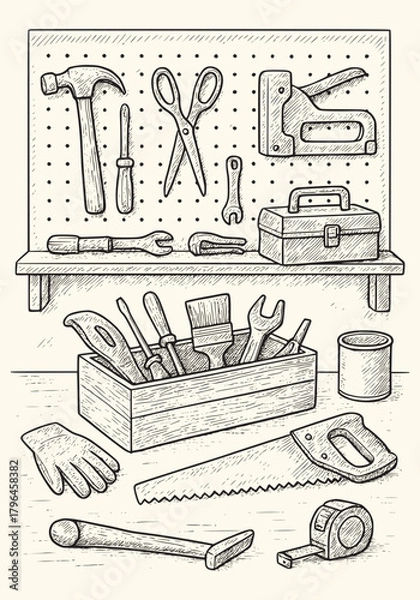 Fototapeta vintage Construction Tools Bundle – Clean Stroke Vector Icons Workshop Tools Line Art Set – Professional Tool Vector Pack 