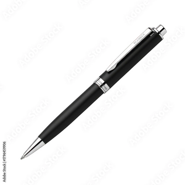 Obraz A sleek black ballpoint pen with a silver clip and metallic accents rests on a dark surface transparent background