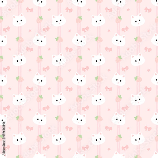 Obraz seamless pattern with pink cat strawberry and bow