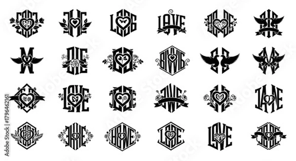 Fototapeta Elegant love monograms: hearts, doves, roses, classic vector crests.