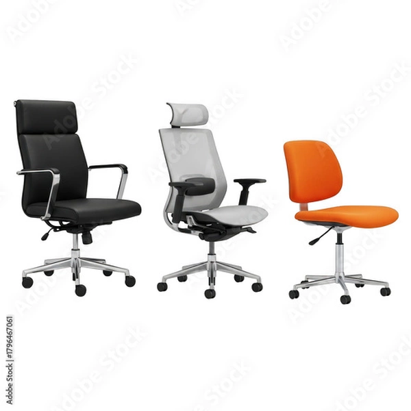Obraz Three modern ergonomic office chairs displayed together featuring different styles and colors for business use transparent background