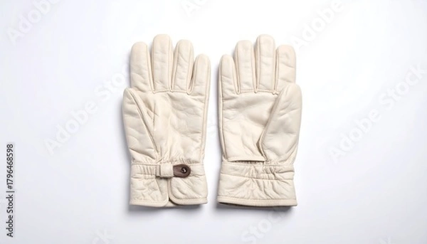 Fototapeta Pair of cream-colored leather gloves, isolated on white background