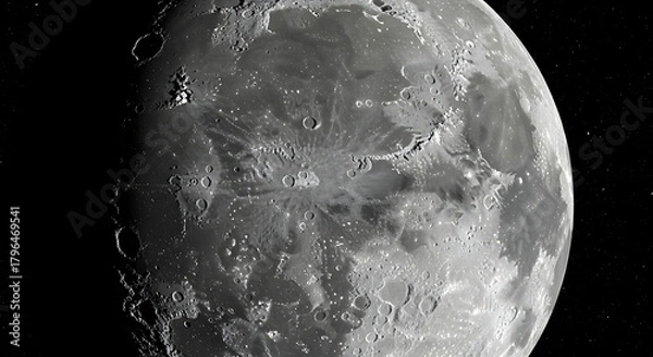 Fototapeta Terminator-lit lunar surface reveals cratered highlands, mare plains, and jagged shadows eerie glow!