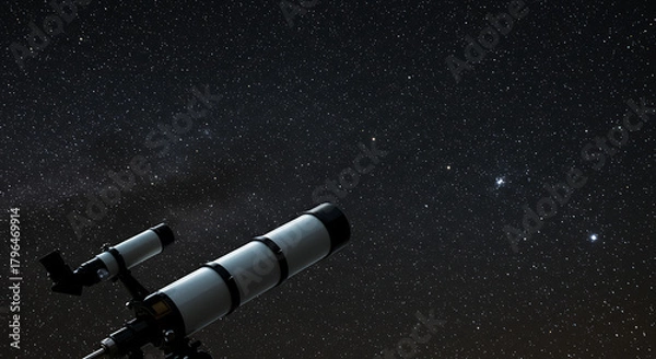 Fototapeta A telescope silhouette points skyward beneath a star-filled night sky with distant stars. with glow