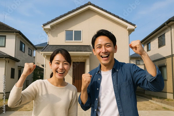 Obraz マイホーム取得の達成感を表すカップルのハッピーショット