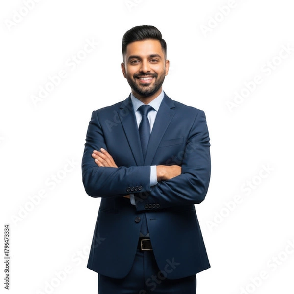 Obraz Confident businessman smiling with arms crossed standing against a black backdrop professional attire transparent background
