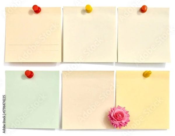 Fototapeta Six colorful sticky notes pinned to a white surface, one with a flower