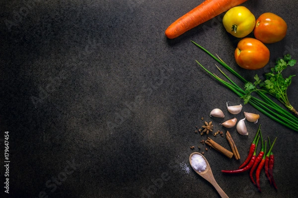Fototapeta Fresh Vegetables for Healthy Diet on a rustic table. Top view, copy space, dark background