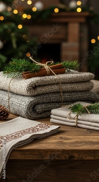 Fototapeta Folded blankets and linens with cinnamon sticks and evergreen sprigs on a wooden table near a tree