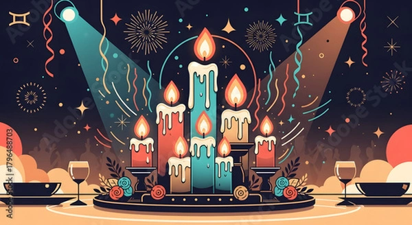 Fototapeta Elegant celebration with candles and fireworks creating a vibrant party atmosphere, perfect for festive designs and joyous occasions with friends