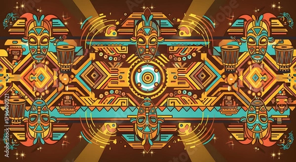 Fototapeta Vibrant ethnic pattern with masks and drums, perfect for cultural events or bold designs, rich colors and geometric shapes create a dynamic, eye-catching vibe