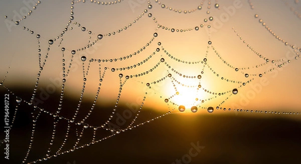 Obraz Macro Minimalist Dew Drops on Spiderweb Backlit by Sunrise with Golden Reflections
