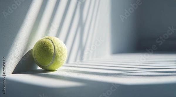 Obraz Tennis ball sits in sunlit corner, shadows creating linear patterns