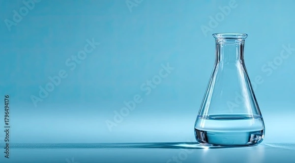 Obraz Clear flask filled with liquid against a solid blue backdrop