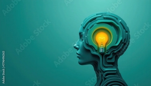 Fototapeta Woman Profile with Light Bulb Inside Head Iconizing Creativity and Innovative Thinking Concept in Modern Design