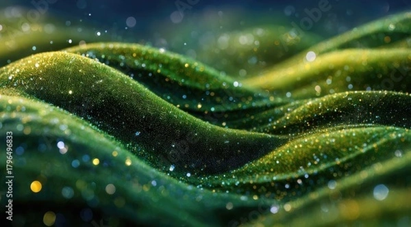 Fototapeta Rolling green hills speckled with gold, shimmering bokeh lights overlay