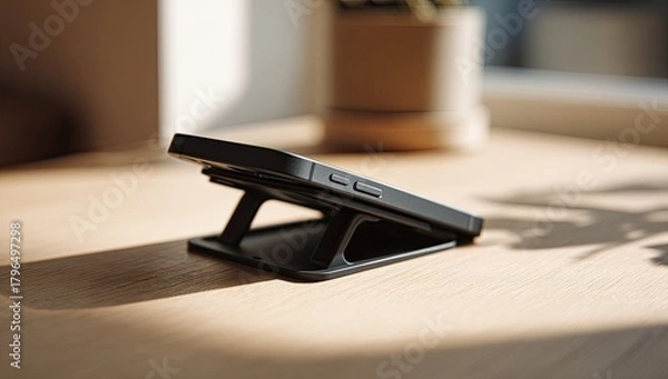 Fototapeta Phone resting on small black stand, desktop setting