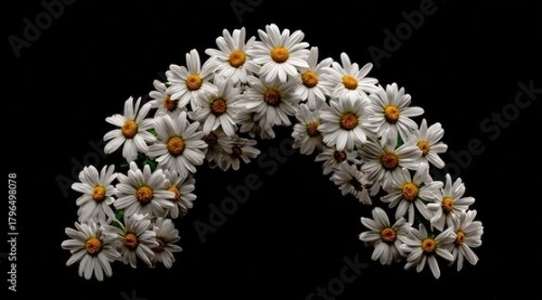 Fototapeta Daisy archway. White blooms form curved shape on black backdrop