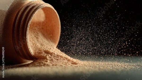 Fototapeta Jar spills pink powder, creating dusty cloud on dark surface