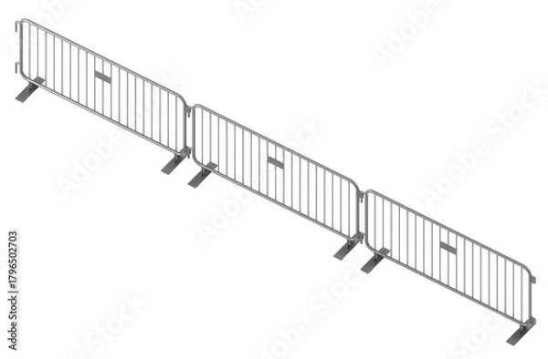 Fototapeta galvanized steel crowd control barrier, modular portable pedestrian barricade for event security, 3d isometric view, 2d game ready asset