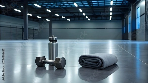 Obraz Smooth Gym Floor With Dumbbells, Reflective Water Bottle, and a Neatly Folded Towel Illuminated by Cool Overhead Lighting, Capturing Strength, Dedication, and Modern Fitness Aesthetics