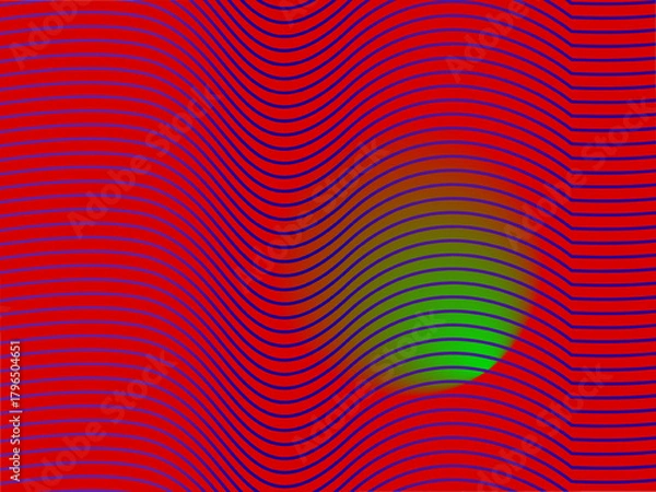 Obraz Dynamic red background with mesmerizing green orb and flowing blue lines, perfect for modern design projects needing a vibrant and eye catching element