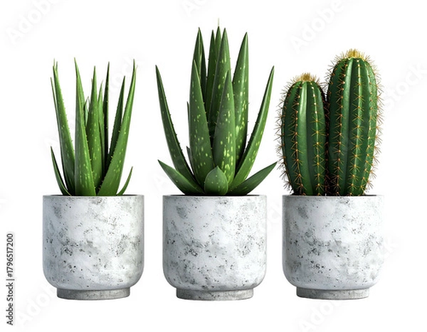 Fototapeta Three potted succulents aloe and cactus, on plain background