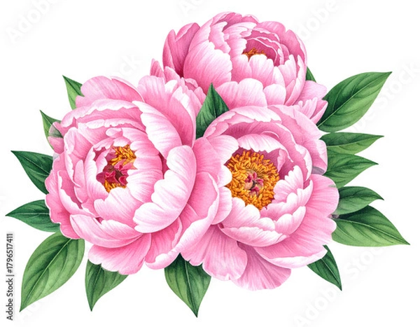 Obraz Three delicate pink peonies with green leaves on a black background