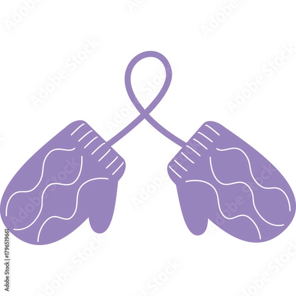 Fototapeta Purple Knitted Mittens Connected by a String Featuring a Wavy Pattern on a White Background