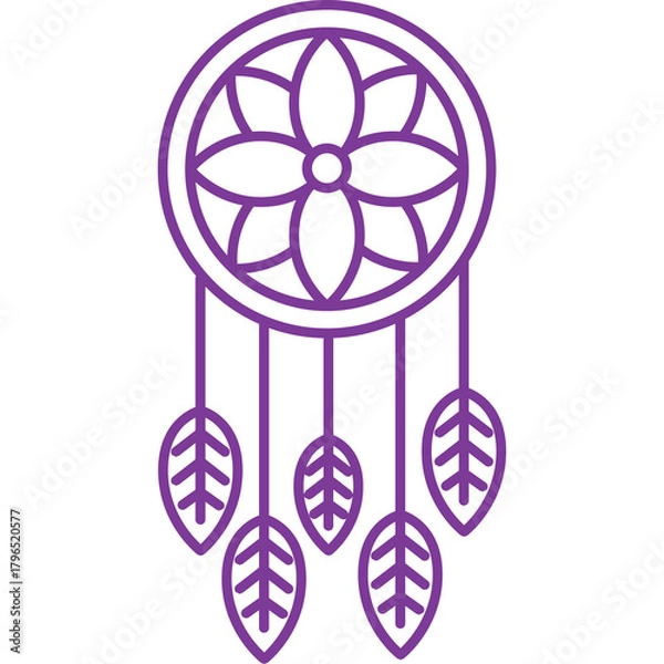 Fototapeta Purple Outline Dreamcatcher With Five Leaf Feathers Hanging Down Isolated On White Background Graphic Design Element