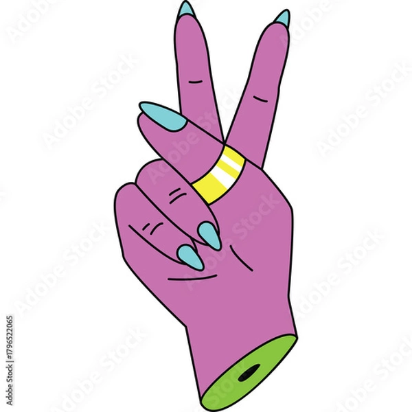 Fototapeta Purple Hand With Light Blue Nails Making a Peace Sign with a Gold Ring on the Finger and a Lime Green Cut Off Bottom on a White Background