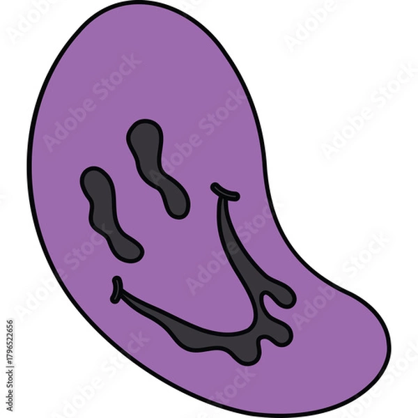 Fototapeta Purple jelly bean shape with a melted black smiley face and eyes against a white background