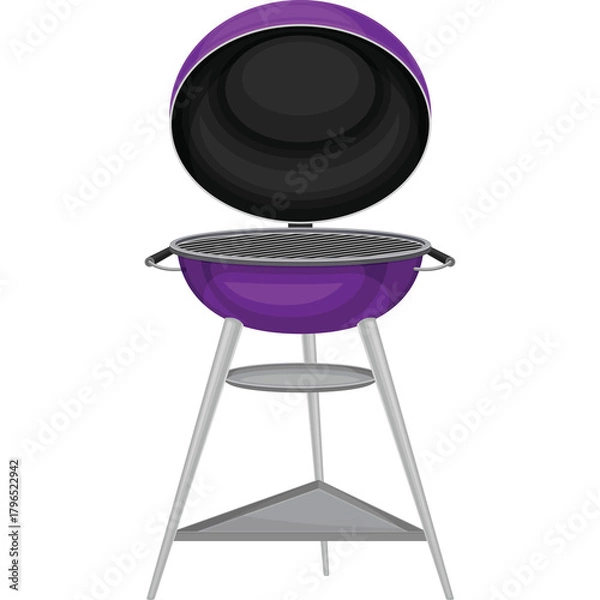 Fototapeta Purple Kettle Grill With Silver Legs And Black Grates With Lid Open On Transparent Background