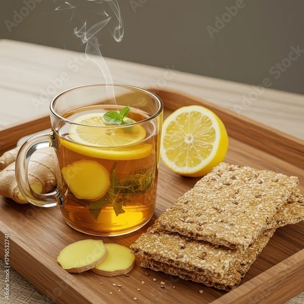 Obraz Steaming glass of herbal ginger lemon tea with fresh mint, served on a wooden tray with crisp seeded crackers and ginger root.