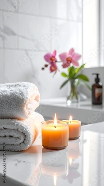 Fototapeta Serene bathroom scene with glowing candles, fluffy towels, and a vase of pink orchids. Soft lighting and sleek marble create a spa-like atmosphere