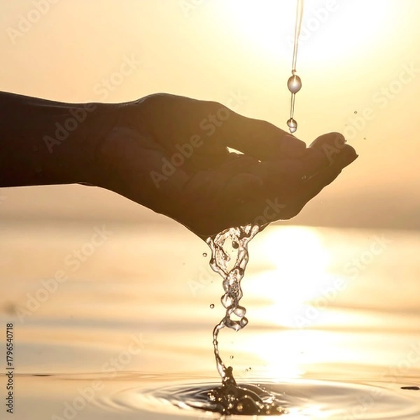 Fototapeta Silhouette of a hand catching water droplets cascading from above, with a golden sunset background over the water