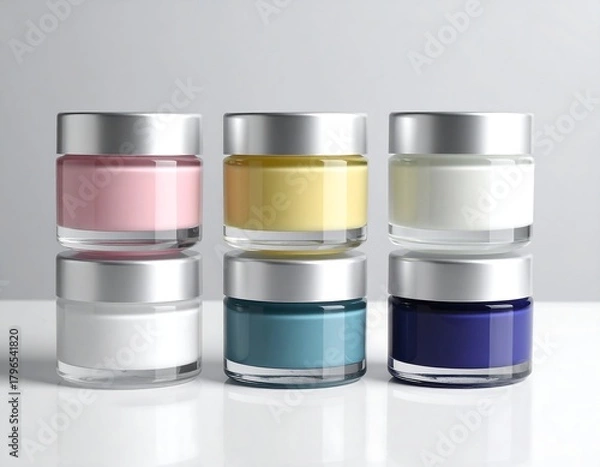 Fototapeta Six jars of various-colored creams arranged in two stacks