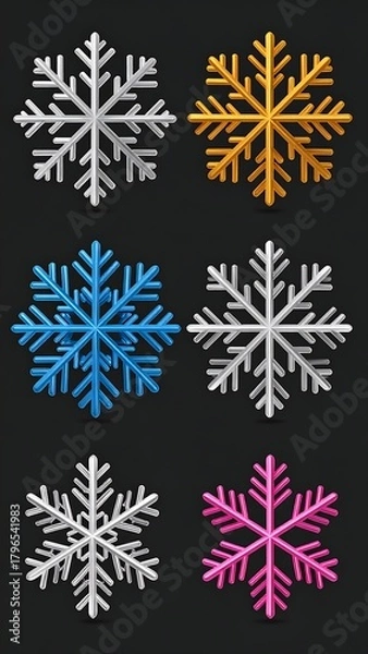 Fototapeta Six colorful, 3D snowflake icons on a dark background