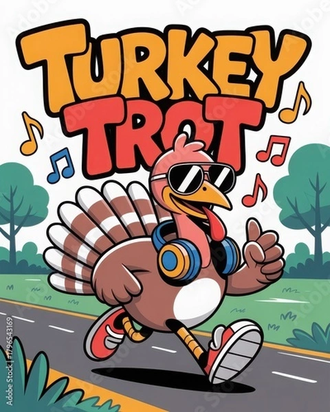 Fototapeta Fun Cartoon Turkey Character in Sunglasses and Headphones for a Festive Celebration