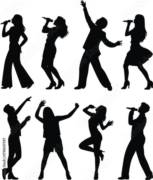Fototapeta Singer silhouette vector set, dancing performer icons, black concert clipart, music pose graphics, microphone action shapes, entertainment design elements