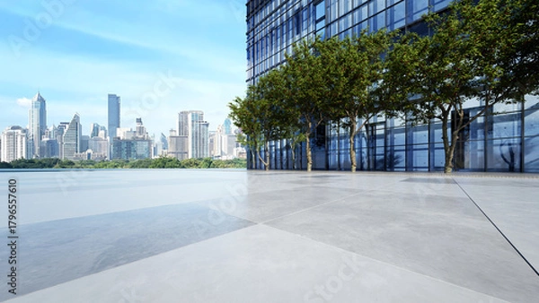 Fototapeta Modern eco-Friendly architecture, Green architectural design, Corporate building background for car presentation backdrop with empty concrete floor, 3d rendering