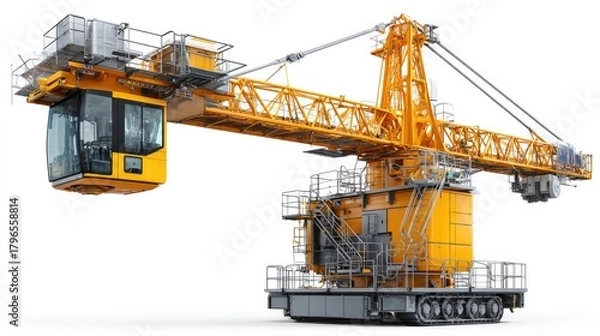 Fototapeta Crane Tower on Construction Site: The image features a large, industrial crane, showcasing engineering and architecture. This powerful machine stands ready on a construction site.