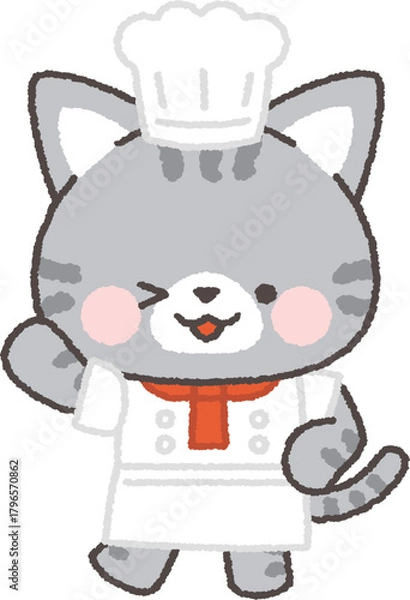Fototapeta 片手を挙げてウインクするサバトラネコのシェフ